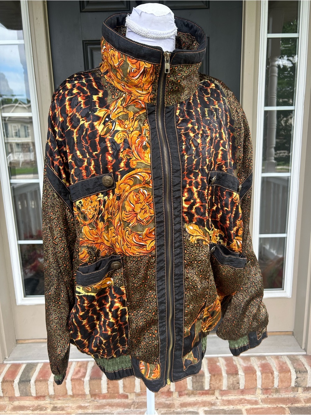 Vintage 80s 90s silky patchwork baroque leopard print bomber windbreaker jacket
